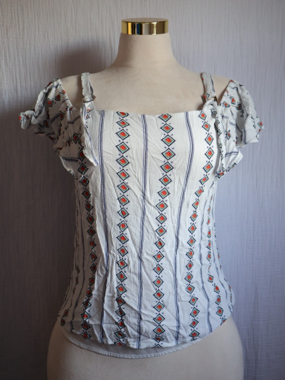 Staccato White Cold-Shoulder Patterned Camisole with Blue and Orange Accents